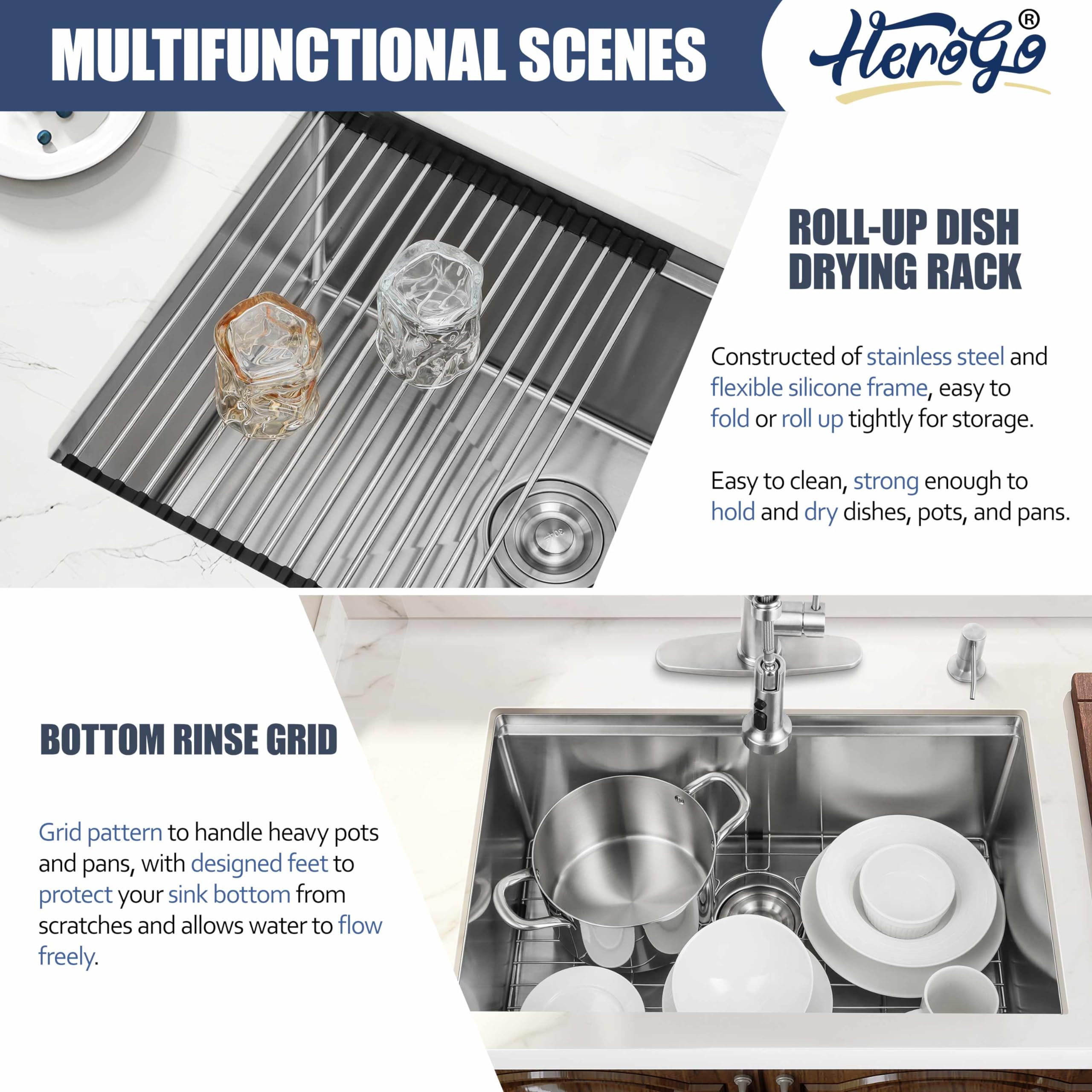 27X18Inch Undermount Kitchen Sink, Herogo Stainless Steel Single Bowl Kitchen Workstaion Sink Basin, Handmade 16 Gauge 10'' Deep